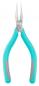 Preview: The image shows a pair of pliers with long, pointed, metallic blades and a turquoise handle. The pliers are open, ready for use.