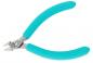 Preview: The image shows a pair of pliers with short, pointed blades and a turquoise, non-slip grip coating. The blades are made of metallic material, shiny and sharp.