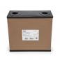 Preview: It shows a square, brown cardboard box with a black lid. On top are two round openings, and on the side there is a label with text and numbers.