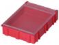 Preview: The image shows a rectangular plastic box in bright red, with a transparent lid. The edges are slightly wavy and the box has a flat bottom.