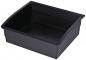 Preview: It is a black, rectangular plastic box without a lid. It has a high, curved front and flat sides, ideal for storage or transport.