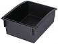 Preview: The image shows a rectangular container made of black plastic. It has a slightly curved upper edge and is smooth on the inside. It is flat and open, without a lid.