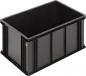 Preview: Das Bild zeigt eine rechteckige, schwarze Kunststoffbox mit stabilen Wänden. Sie hat keinen Deckel und ist ideal zum Aufbewahren oder Transportieren von Gegenständen.