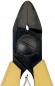 Preview: The image shows a pair of pliers with pointed, sharp blades. The handle is yellow, and the blades appear sturdy and solid. In the middle, there is a round area with a circular opening.