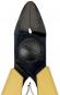 Preview: The image shows a pair of pliers with a pointed, sharp cutting surface. The handles are yellow and the head is made of black metal. In the center, there is a circular area with a notch.
