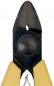 Preview: The image shows a pair of pliers with a pointed head and wide, yellow handles. The cutting surfaces are dark and sharp, with a small opening in the middle.