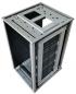Preview: The image shows an open computer case made of gray metal. It has a rectangular shape with ventilation slots and multiple bays for components. The top is partially open.