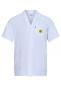 Preview: The image shows a short, white lab coat. It has a collar, a chest pocket patch with a yellow symbol, and two side pockets.