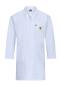 Preview: The image displays a white coat with long sleeves. It features a chest pocket and a yellow logo on the left side. The coat is simple and is commonly worn in laboratories or medical facilities.