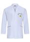 Preview: The image shows a white, long coat with a collar. It has long sleeves, two side pockets, and a chest pocket. There is a yellow logo on the left chest side.