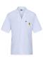 Preview: The image shows a white, short-sleeved work jacket. It features a lapel collar, two front pockets, and a small yellow emblem on the left side. The fabric is textured.