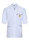 Preview: The image shows a white lab coat with short sleeves. It has a continuous front, two pockets, and a yellow emblem on the left side. The seams are black.
