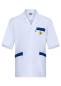 Preview: The image shows a short, white work jacket with a zipper. It has blue pockets and a small yellow patch on the left chest side. The sleeves are short.