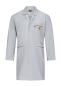 Preview: The image shows a gray lab coat with long sleeves. It features a simple collar, two side pockets, and a yellow warning symbol on the left chest side.