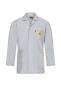 Preview: The image shows a gray lab coat with long sleeves. It has a collar, a chest pocket with a warning symbol, and two side pockets with yellow accents.