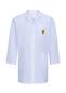 Preview: The image shows a white coat with long sleeves. It has a full-length button placket and a chest pocket, on which a yellow label or logo is sewn.