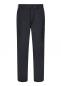 Preview: The image shows black, plain fabric trousers with a straight cut. They have an elastic waistband and side pockets, offering a practical, comfortable look.