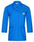 Preview: The image shows a blue lab coat made from a smooth, sturdy fabric. It has long sleeves, a collar, and a chest pocket with a yellow patch. There are two pockets on the front.