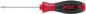 Preview: The image shows a screwdriver with a narrow, flat head. The handle is striped red and black, ergonomically shaped for better grip. The blade is silver-colored and relatively long.