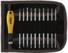 Preview: The image displays a black tool roll with red accents. Inside the roll, there are several screwdriver bits, which are slender and vary in length, as well as a yellow screwdriver with a black handle.
