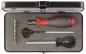 Preview: The image shows a toolset in a rectangular, black box. Inside, there is a screwdriver with a red and gray handle, an extension piece, a bit, and a small screwdriver.