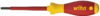 Preview: The image shows a screwdriver with a long, slender metallic shaft and an ergonomic handle. The handle is red with yellow accents and features the inscription "wiha".