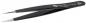 Preview: The image shows a black metal tweezer with pointed tips. It has a smooth surface and an engraved brand on the side. The tweezer is slim and elongated.