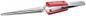 Preview: The image shows a pair of scissors with a silver blade and red handles. The blades are narrow and pointed, and the scissors have a modern design. They are open and lying flat.