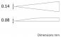 Preview: The image shows two narrow, pointed shapes indicating different widths: 0.14 mm and 0.08 mm. Below it reads "Dimensions mm".
