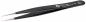 Preview: The image shows a narrow, black tweezer with pointed tips. It is slim and slightly curved, with a fine texture for better grip. Ideal for precise tasks.