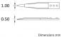 Preview: The image shows a technical drawing with two views. The top view shows a pointed shape with the dimension 1.00 mm, and the bottom view shows a flat shape with 0.50 mm. On the right it says "Dimensions mm".
