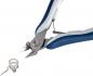 Preview: The image shows a pair of pliers with blue plastic handles and a sharp, pointed blade. Next to the pliers is a small, round metal ring.