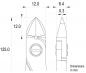 Preview: The image shows a technical drawing of an object with various dimensions in millimeters. It has a pointed shape and a round opening in the center. Dimensions are clearly indicated.