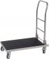 Preview: The image shows a dolly with a flat platform and a tall, round handle on one side. The platform has a non-slip surface and four swivel wheels.