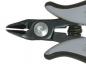 Preview: The image shows a pair of pliers with gray and black handles. The long side features a narrow, pointed edge suitable for gripping and cutting. A round, silver button is visible.