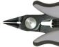 Preview: The image shows a pair of metal tongs with pointed tips. The handle is ergonomically shaped and has a gray, rubberized surface for better grip. In the middle, there is a round, metallic plate.