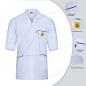 Preview: The image displays a white, short-sleeved shirt with a yellow logo on the chest pocket. Lines highlight special features such as ease of care and breathable materials.