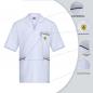 Preview: The image shows a white polo shirt with a short collar and chest pocket. Dots are marked to highlight special features such as breathable materials and a secure fit.