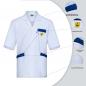Preview: The image shows a white, short-sleeved shirt with blue details. It has a chest pocket, a logo, and special features that are highlighted, such as breathable material and practical pockets.