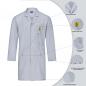 Preview: The image shows a gray lab coat with long sleeves. It has pockets, a lapel collar, and a warning label. Next to the coat, details about materials and functions are displayed.