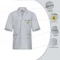 Preview: The image displays a short-sleeved gray coat. It features a chest pocket with a yellow logo and two side entry pockets. Details about the material and properties are arranged around the coat.