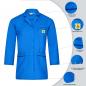 Preview: The image shows a blue work coat with long sleeves. It has a collar, a chest pocket with a logo, and two patch pockets. The labels describe materials and properties.