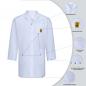 Preview: The image shows a white lab coat with long sleeves. It has a collar, front buttons, and a yellow safety symbol on the left side. There are notes on the special features of the coat.