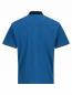 Preview: The image displays the back of a short-sleeved, blue polo shirt with a black collar. The surface is smooth and solid-colored. The shirt has a loose fit.