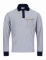 Preview: The image shows a gray long-sleeve polo shirt with a black collar. It features a small chest pocket and a yellow logo on the left side. The sleeve ends are also black.