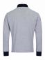 Preview: The image displays a gray long-sleeve cotton shirt. It features a dark collar and dark blue cuffs on the sleeves. The back is plain and without any pattern.