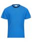 Preview: The image shows a short-sleeved, bright blue T-shirt with fine horizontal stripes. The collar is black and simple. It looks modern and sporty.