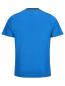 Preview: The picture shows a short, blue T-shirt with a subtle stripe pattern. It has short sleeves and a round neckline. The back of the shirt is visible.