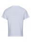 Preview: The image displays the back of a T-shirt. It features a light, striped fabric in blue and white hues and has short sleeves. The design is simple and modern.