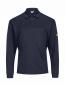 Preview: Das Bild zeigt ein dunkelblaues Poloshirt mit langen Ärmeln. Es hat einen klassischen Kragen und feine, vertikale Streifen. Am Ärmel befindet sich ein gelbes Detail.